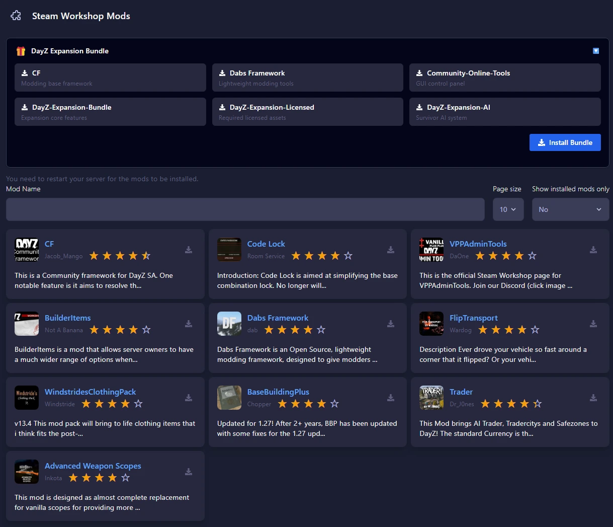 Steam Workshop mod installer panel in the GGServers DayZ server control panel